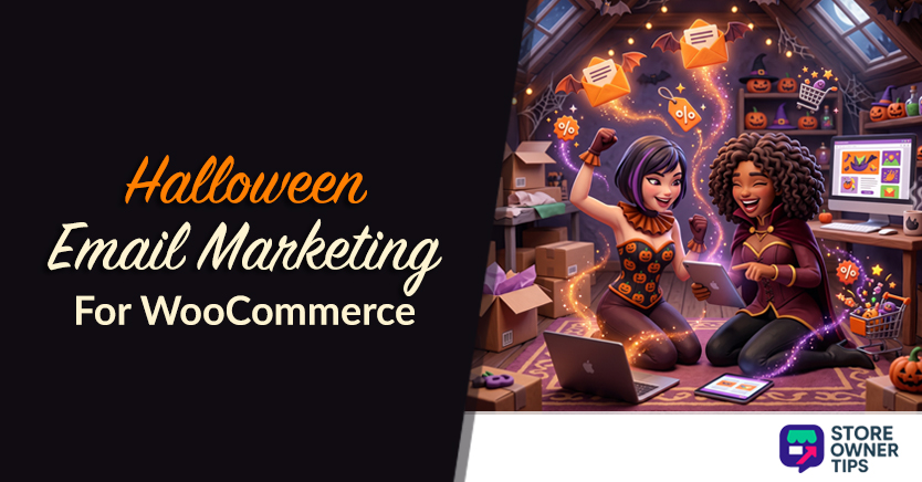 Halloween-themed banner promoting email marketing for WooCommerce, featuring two women celebrating with laptops, pumpkins, and flying envelopes in a cozy attic setting.