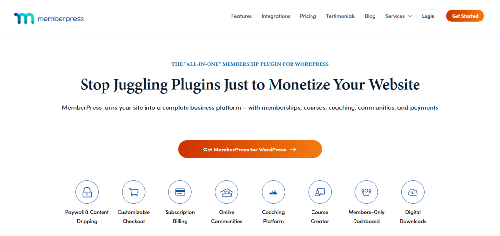 MemberPress homepage hero with the headline Stop Juggling Plugins Just to Monetize Your Website and icons for its membership features