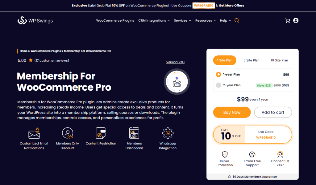 Membership for WooCommerce Pro product page by WP Swings showing the plugin description, feature icons and a  one-year plan