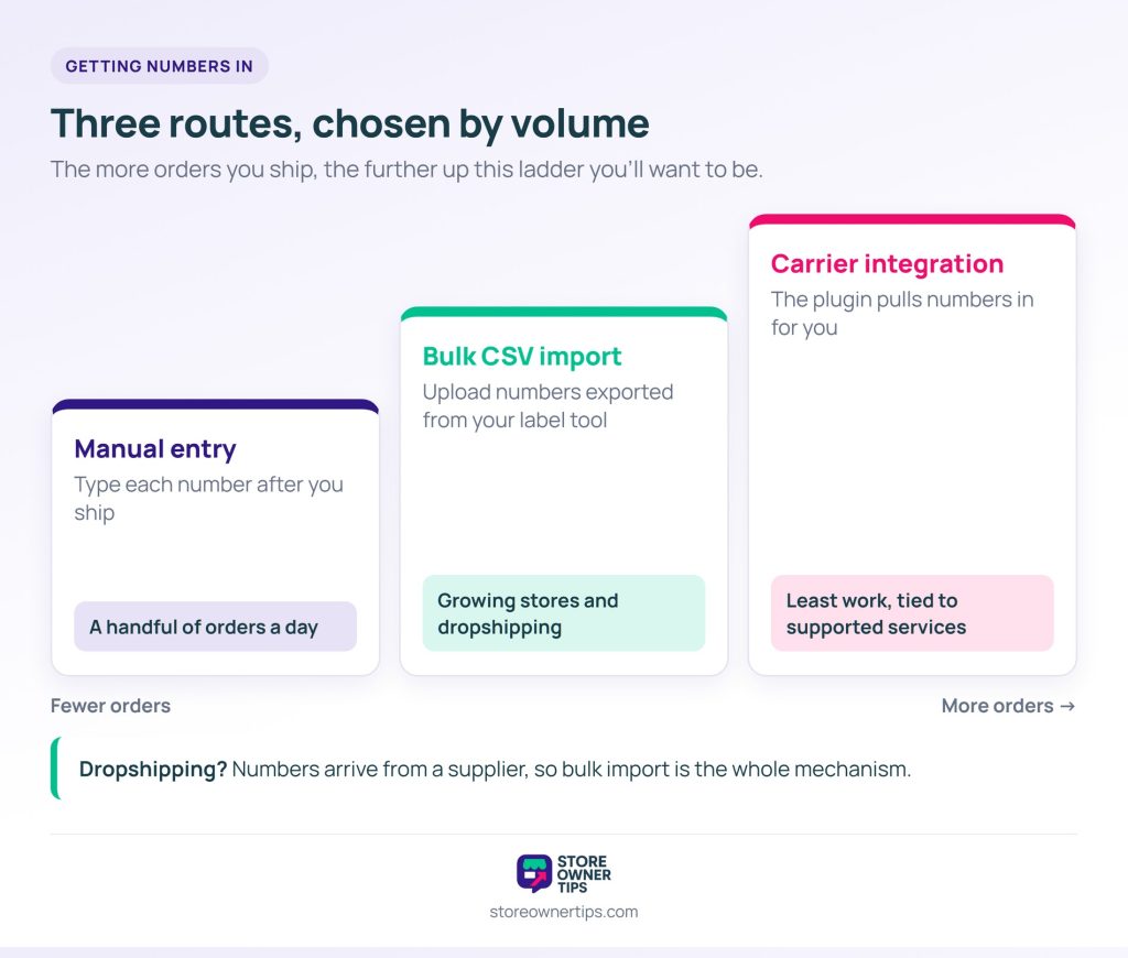 order tracking number routes ladder - Store Owner Tips Three-step ladder of manual entry, bulk CSV import and carrier integration, rising with order volume