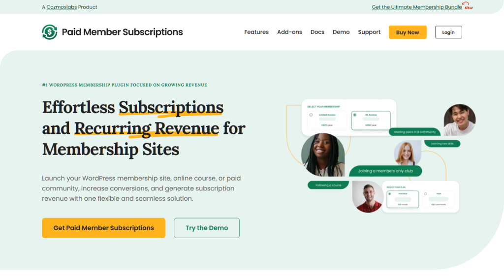 Paid Member Subscriptions homepage hero by Cozmoslabs with the headline Effortless Subscriptions and Recurring Revenue for Membership Sites
