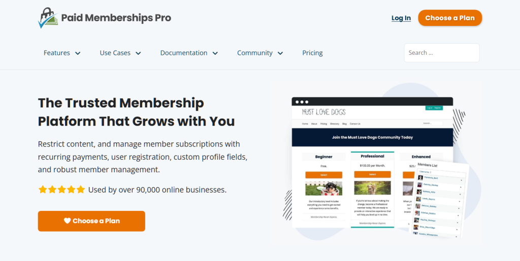 Paid Memberships Pro homepage hero with the headline The Trusted Membership Platform That Grows with You and a Choose a Plan button
