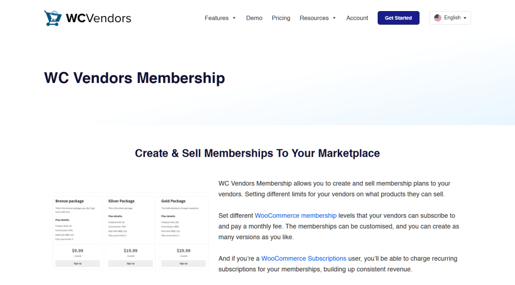 WC Vendors Membership product page explaining how marketplace owners create and sell membership plans to their vendors