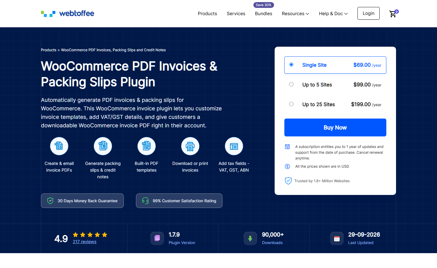 WebToffee WooCommerce PDF Invoices and Packing Slips plugin page hero - Store Owner Tips WebToffee PDF Invoices and Packing Slips plugin page, one of the most installed WooCommerce invoice plugins