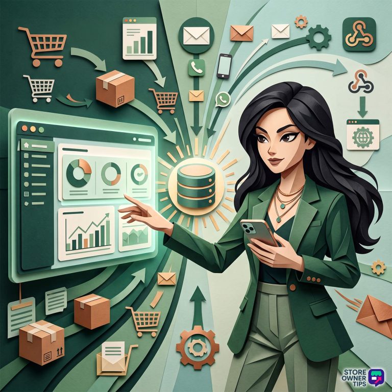 Woman in a green blazer points to a dashboard with charts and graphs, surrounded by shopping and data icons, in a data analytics scene.