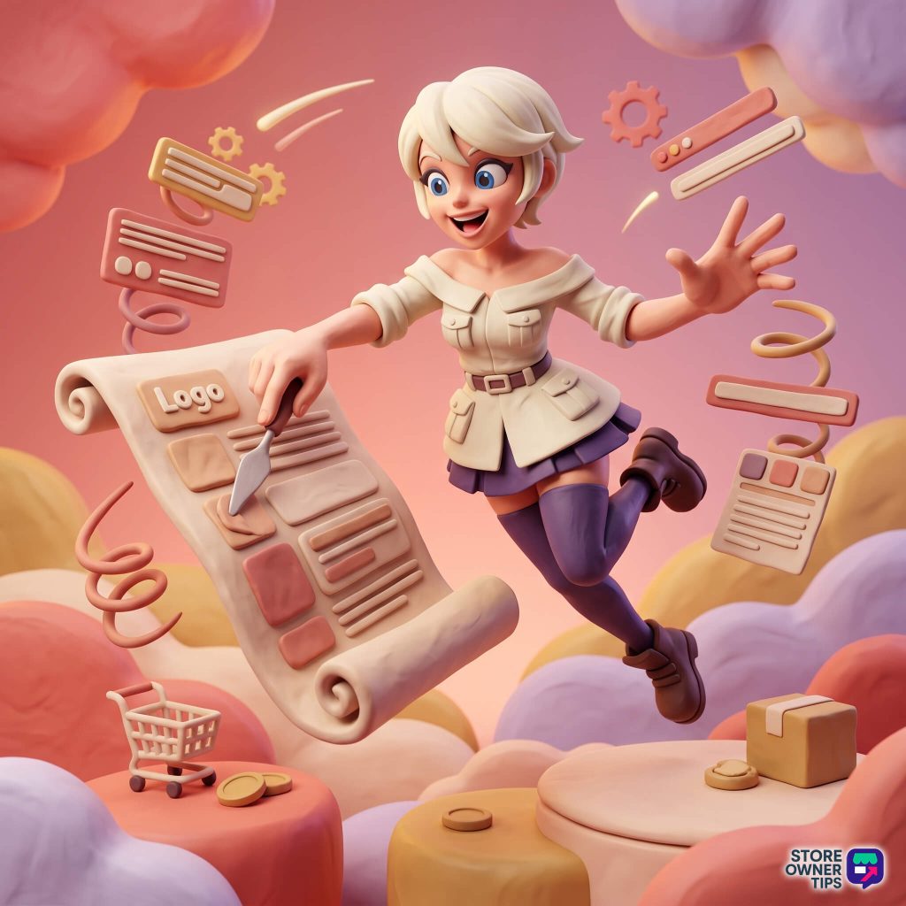 woocommerce-email-customization-filler - Store Owner Tips Smiling cartoon woman in beige reaches for a large clipboard as floating shopping icons drift in a pastel dreamscape, with a Store Owner Tips logo bottom-right.