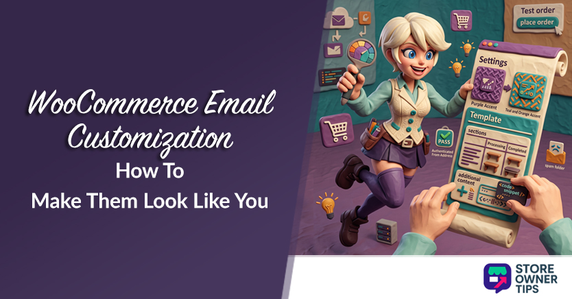 Promotional illustration for WooCommerce email customization: a cartoon woman edits an email template on a large scroll while floating UI icons surround her; Store Owner Tips logo bottom right.