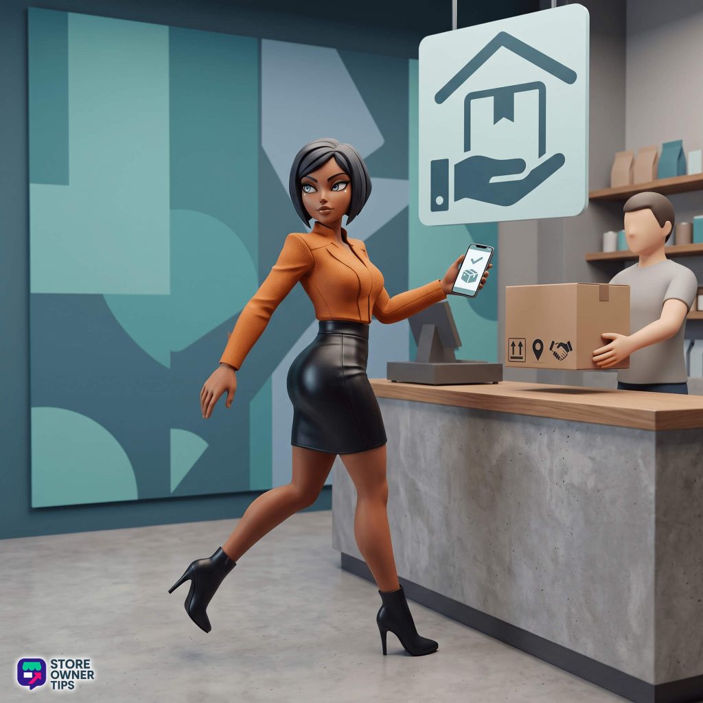 woocommerce-local-pickup-filler-01 - Store Owner Tips Store employees handling packages in a shop, with a prominent'Store Owner Tips' logo in the corner and a delivery scene in the background