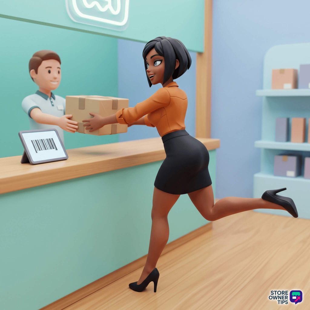 woocommerce-local-pickup-filler-02 - Store Owner Tips Animated woman hands a cardboard package to a smiling male cashier at a checkout counter; a tablet with a barcode is on the counter in a bright store setting
