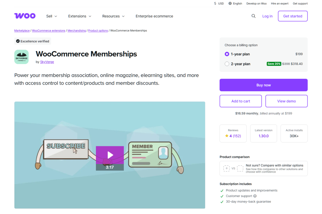 WooCommerce Memberships product page on WooCommerce.com, showing the extension's description, demo video, 9 one-year plan and Buy now button
