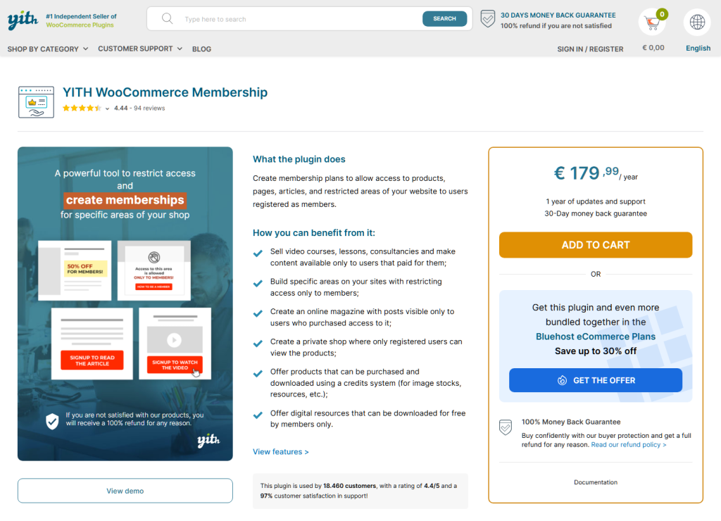 YITH WooCommerce Membership product page showing what the plugin does, its benefits list and the yearly price box